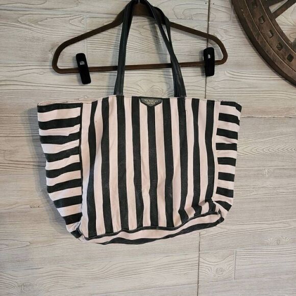 Victoria's Secret Baby Pink and Black Striped Tote - Picture 1 of 7